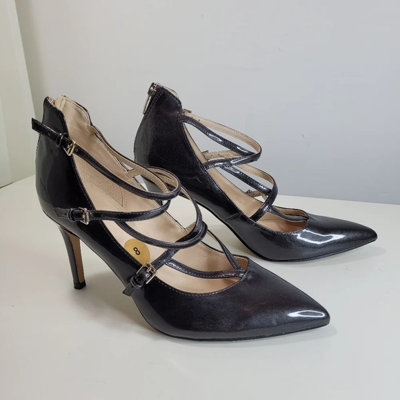 Marc Fisher Dangerly Patent Leather Black Dark Gray Strappy Heels Size Women's 8 - Picture 3 of 12